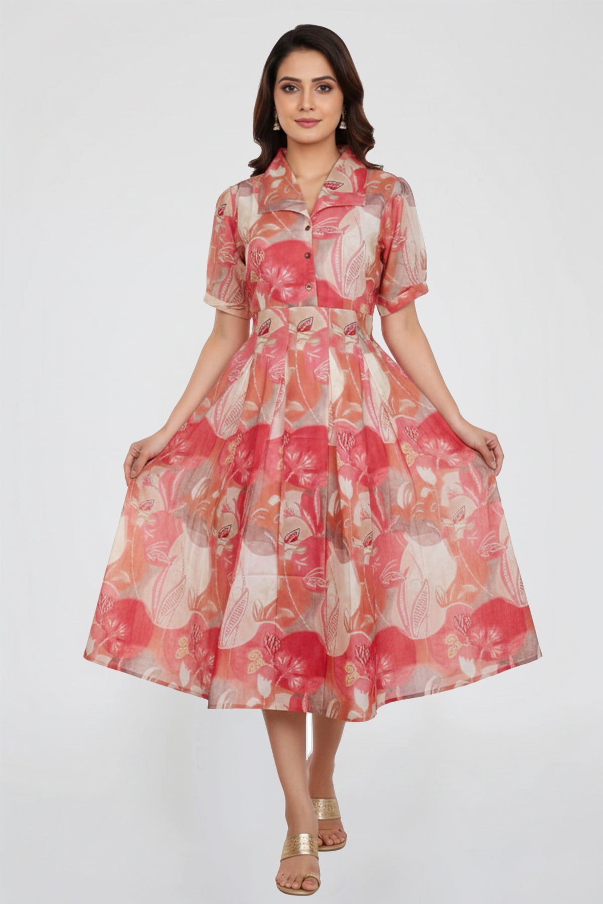 Floral Print Cotton A-Line Midi Dress Retro Collar with Button