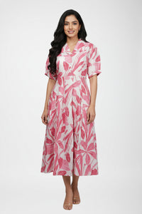 Pink Tropical Print Cotton A-Line Midi Dress with Shirt Collar & Puff Sleeves