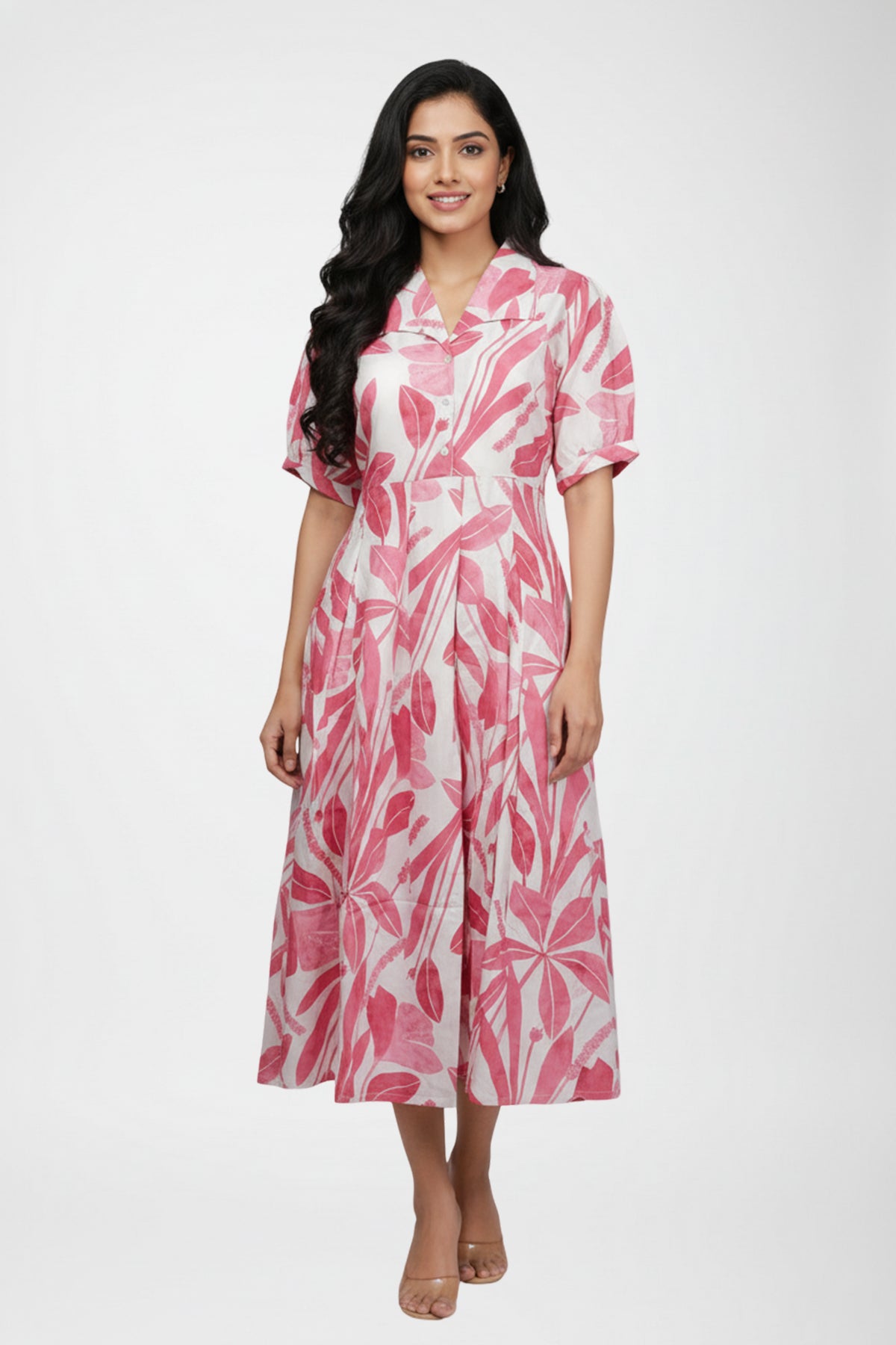 Pink Tropical Print Cotton A-Line Midi Dress with Shirt Collar & Puff Sleeves