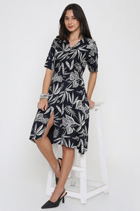 Deep Navy Leaf Print Shirt Dress