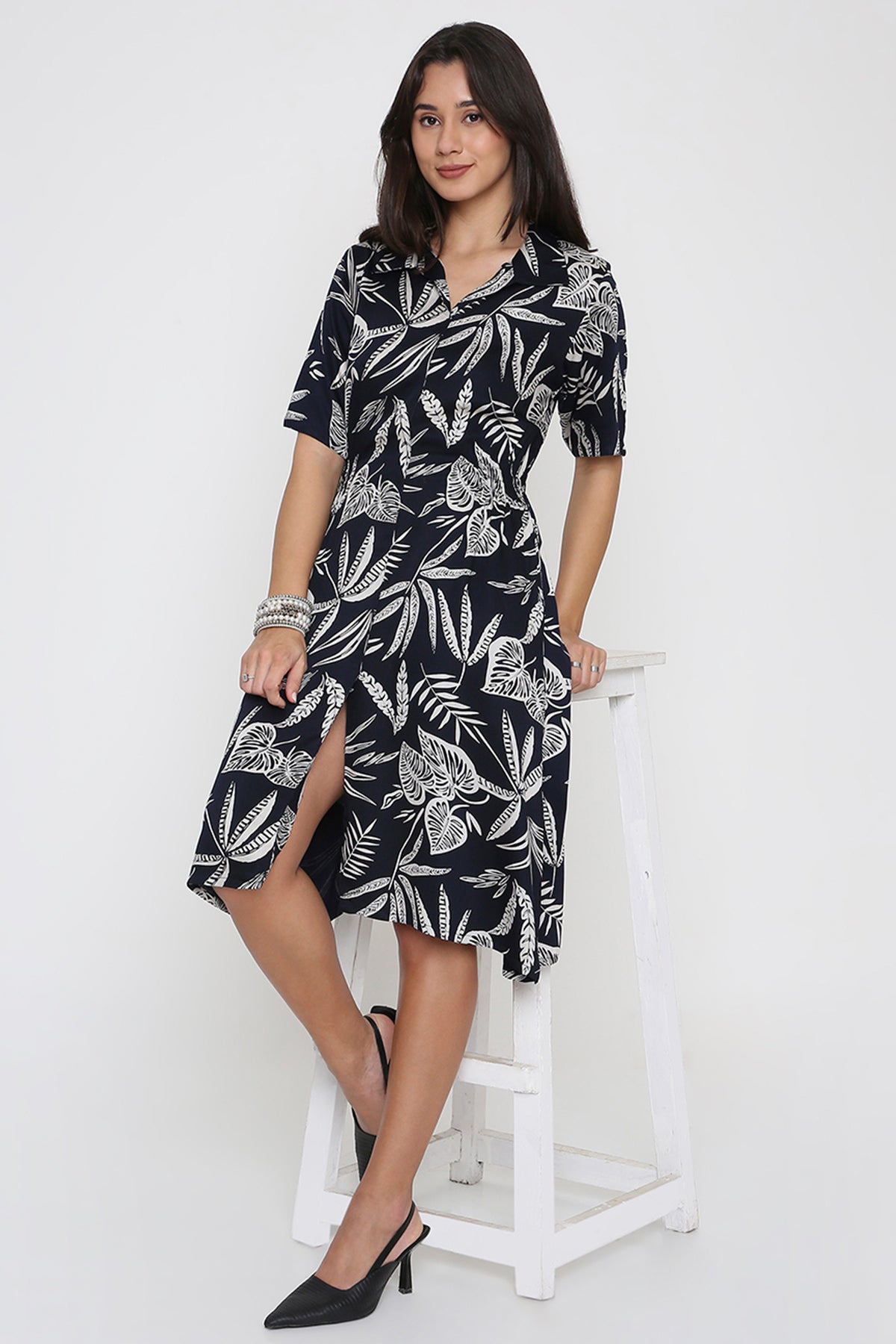 Deep Navy Leaf Print Shirt Dress