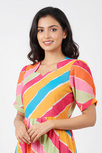 Multicolour Stripe Cotton A-Line Midi Dress
