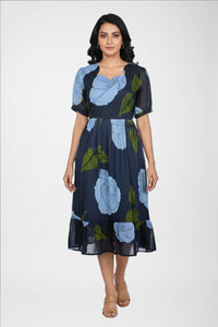 Floral Print Fit & Flare Midi Dress with V-Neck