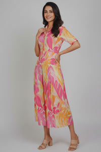 Pink & Yellow Tropical Print Cotton A-Line Midi Dress with Shirt Collar