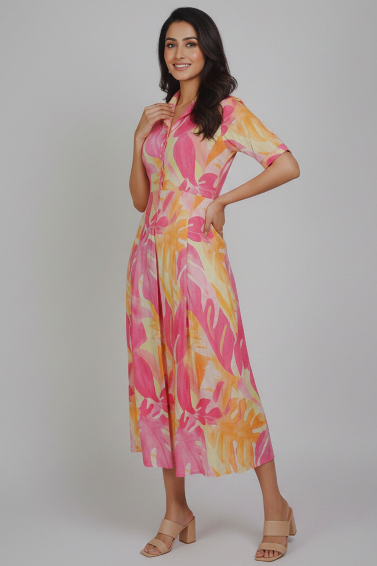 Pink & Yellow Tropical Print Cotton A-Line Midi Dress with Shirt Collar
