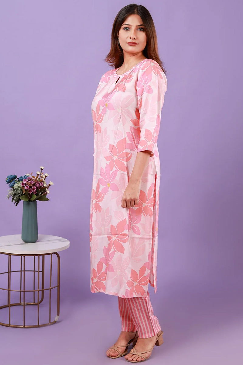 Floral Pink Viscose Silk Kurti with Pants, Set