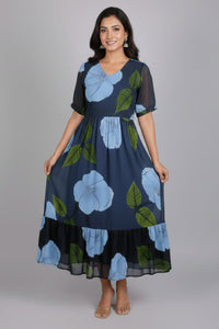 Floral Print Fit & Flare Midi Dress with V-Neck