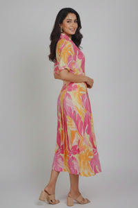Pink & Yellow Tropical Print Cotton A-Line Midi Dress with Shirt Collar