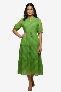 Green Printed Tiered Midi Dress with Puff Sleeves & Tie-Up Waist