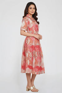 Floral Print Cotton A-Line Midi Dress Retro Collar with Button