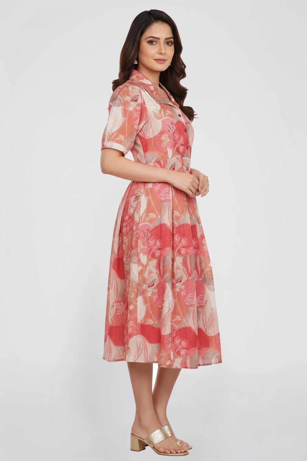 Floral Print Cotton A-Line Midi Dress Retro Collar with Button