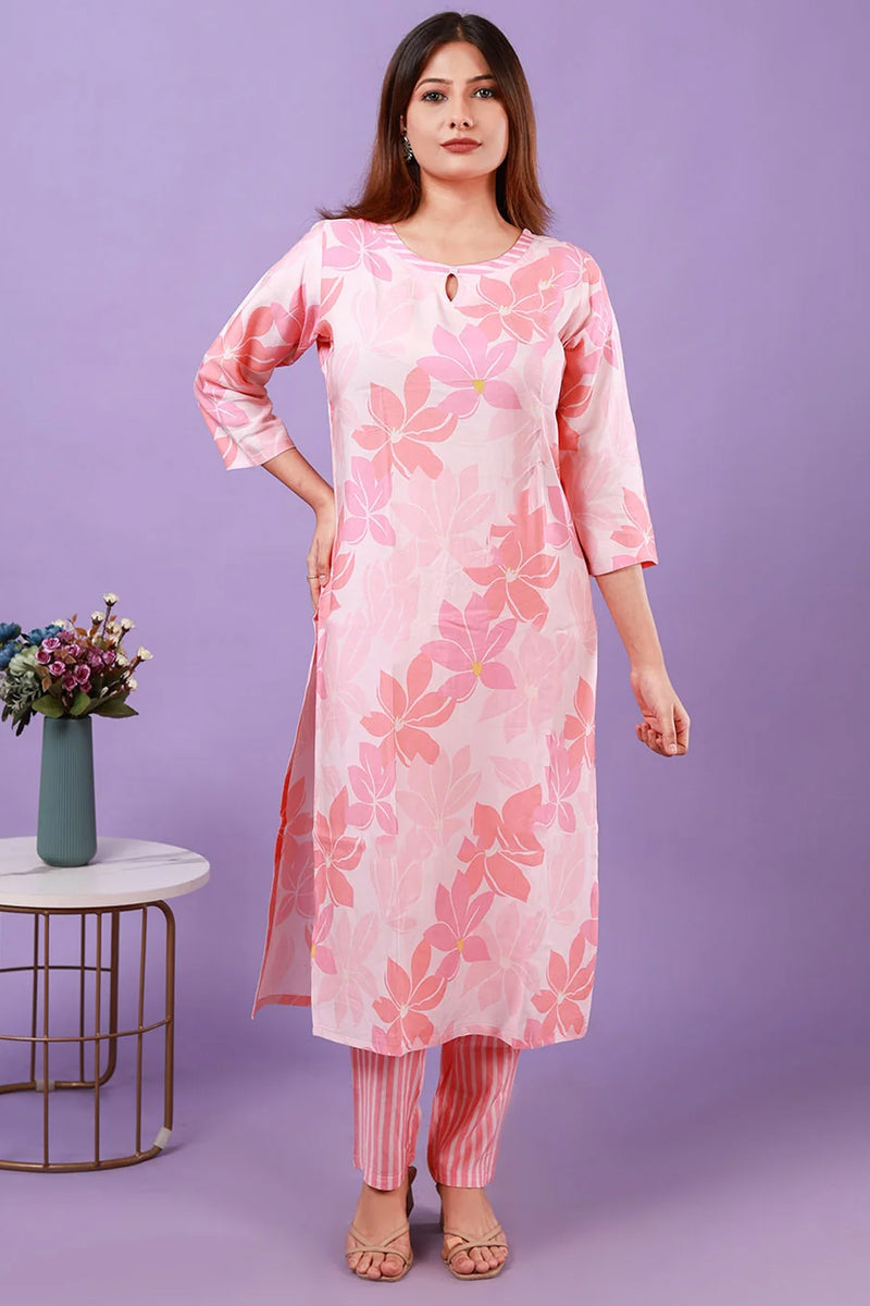 Floral Pink Viscose Silk Kurti with Pants, Set