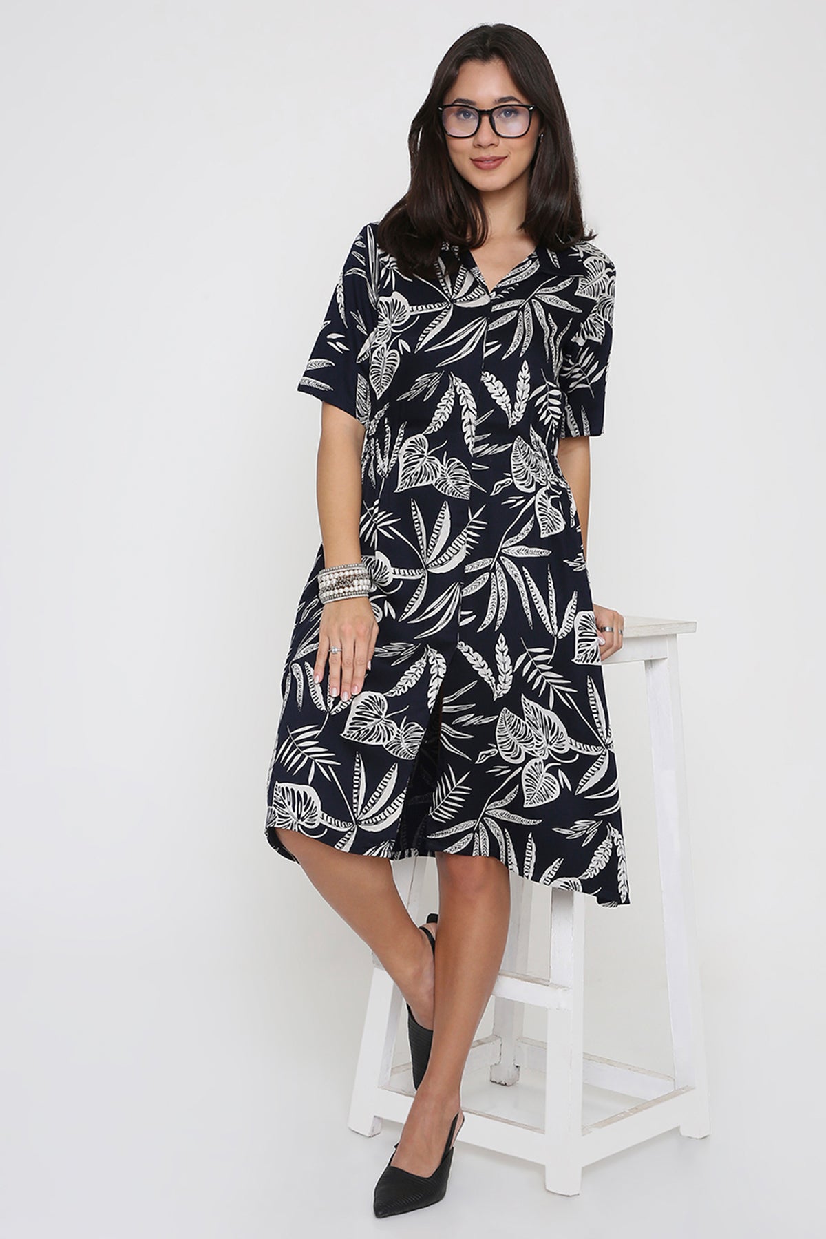 Deep Navy Leaf Print Shirt Dress