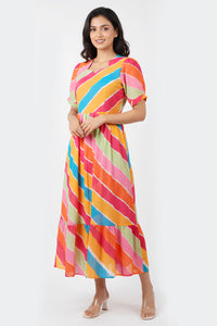 Multicolour Stripe Cotton A-Line Midi Dress