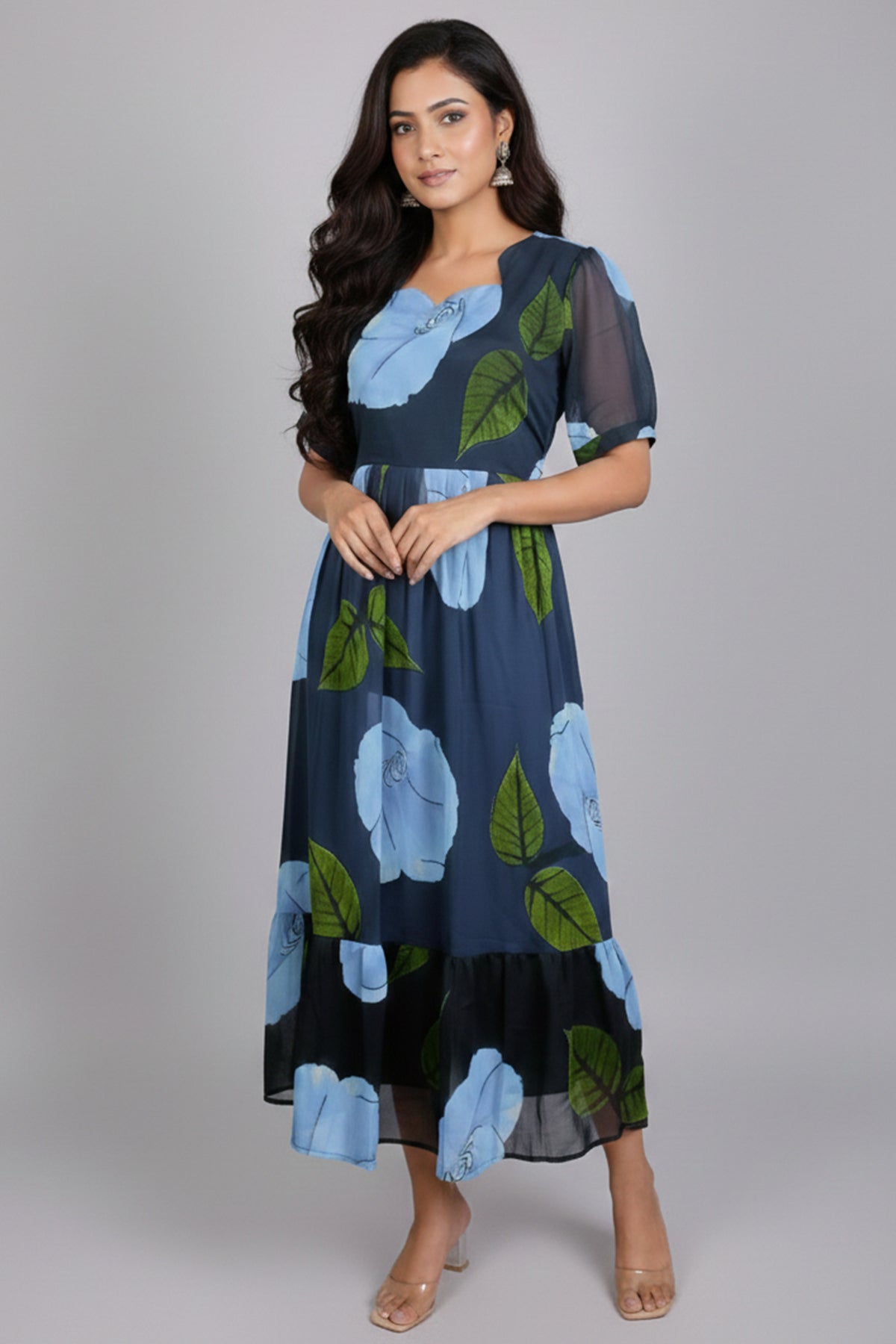 Floral Print Fit & Flare Midi Dress with V-Neck