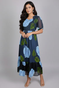 Floral Print Fit & Flare Midi Dress with V-Neck