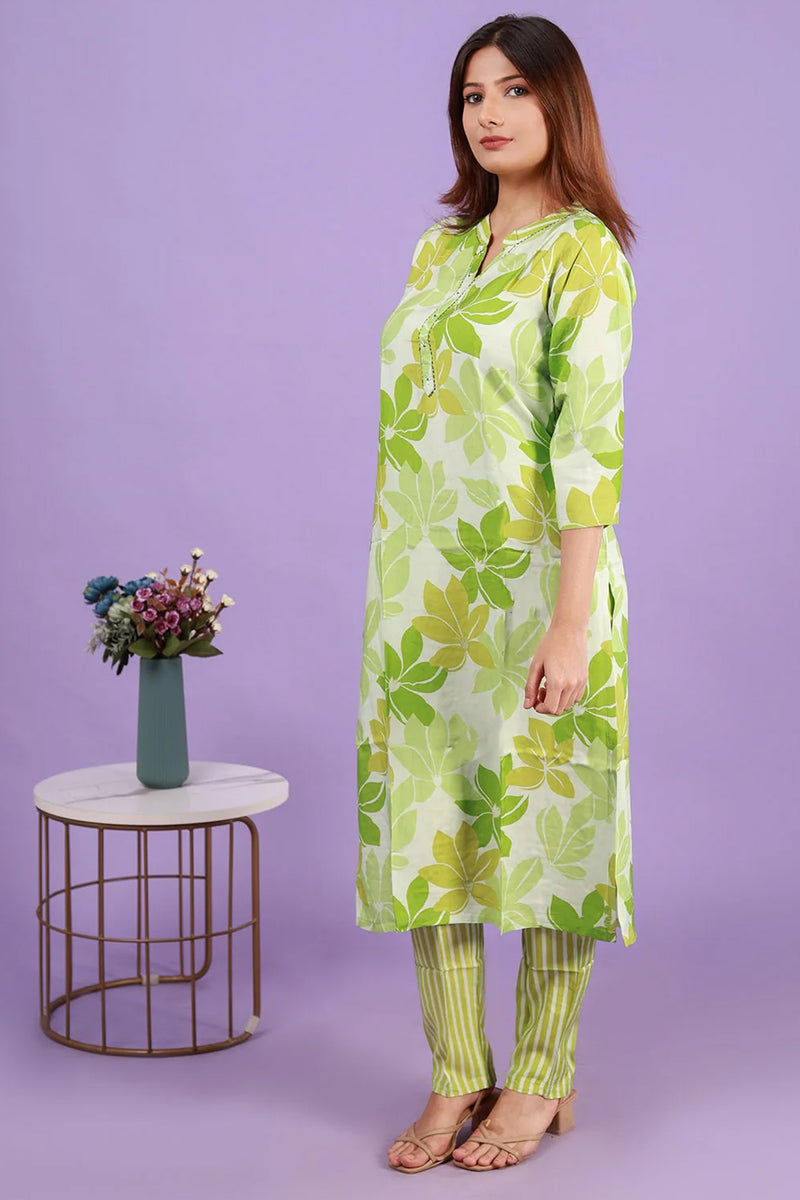 Floral Gren Viscose Silk Kurti with Pants, Set