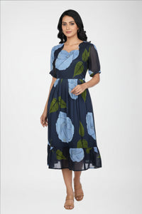 Floral Print Fit & Flare Midi Dress with V-Neck