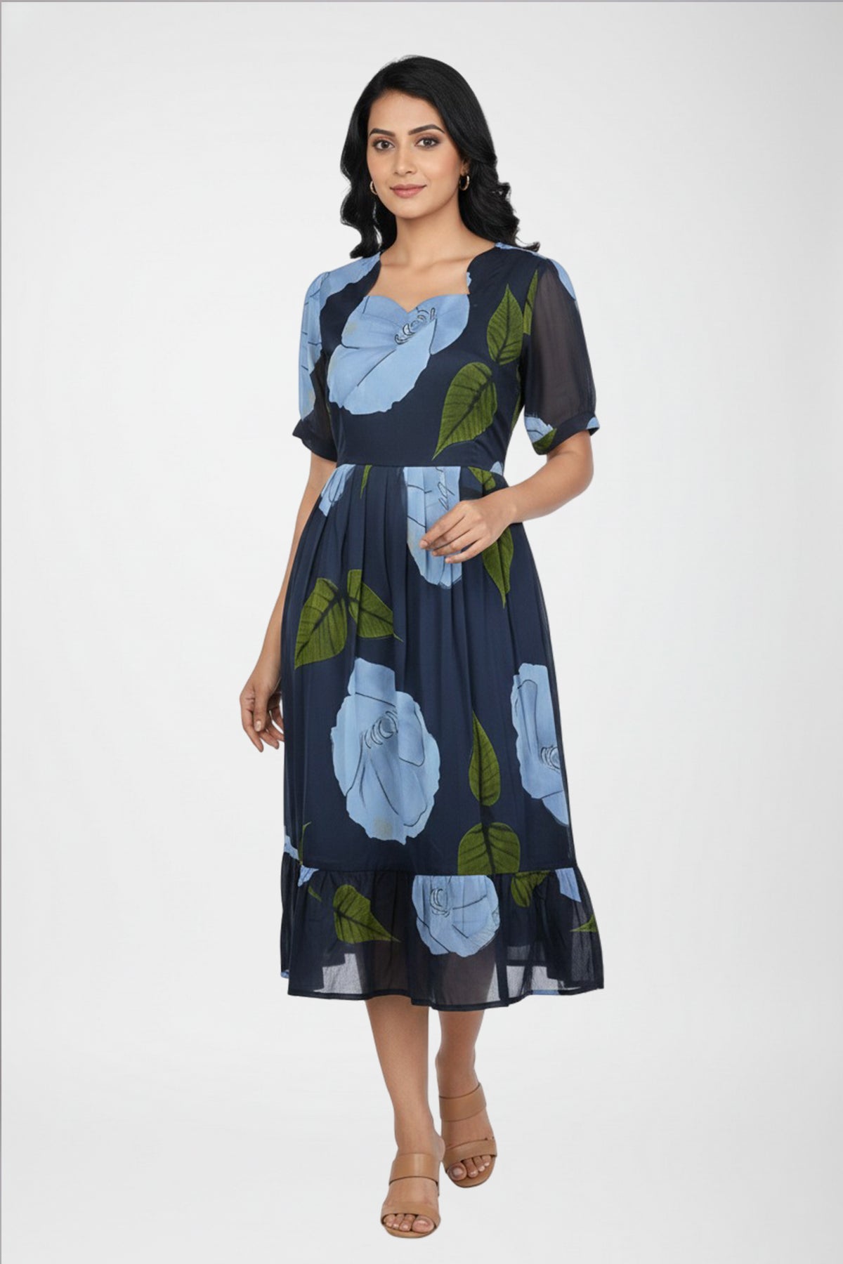 Floral Print Fit & Flare Midi Dress with V-Neck