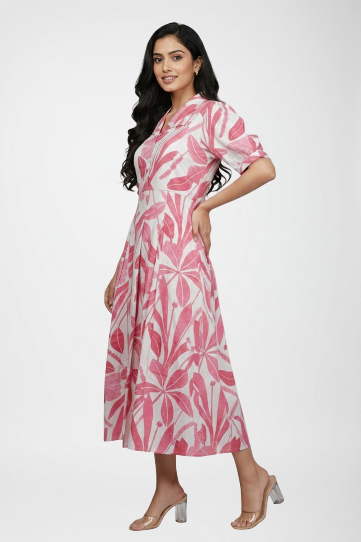 Pink Tropical Print Cotton A-Line Midi Dress with Shirt Collar & Puff Sleeves