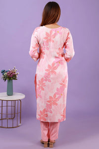 Floral Pink Viscose Silk Kurti with Pants, Set