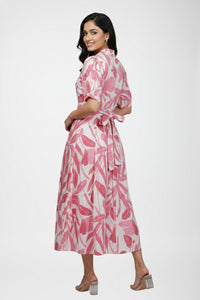 Pink Tropical Print Cotton A-Line Midi Dress with Shirt Collar & Puff Sleeves