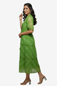 Green Printed Tiered Midi Dress with Puff Sleeves & Tie-Up Waist