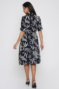 Deep Navy Leaf Print Shirt Dress