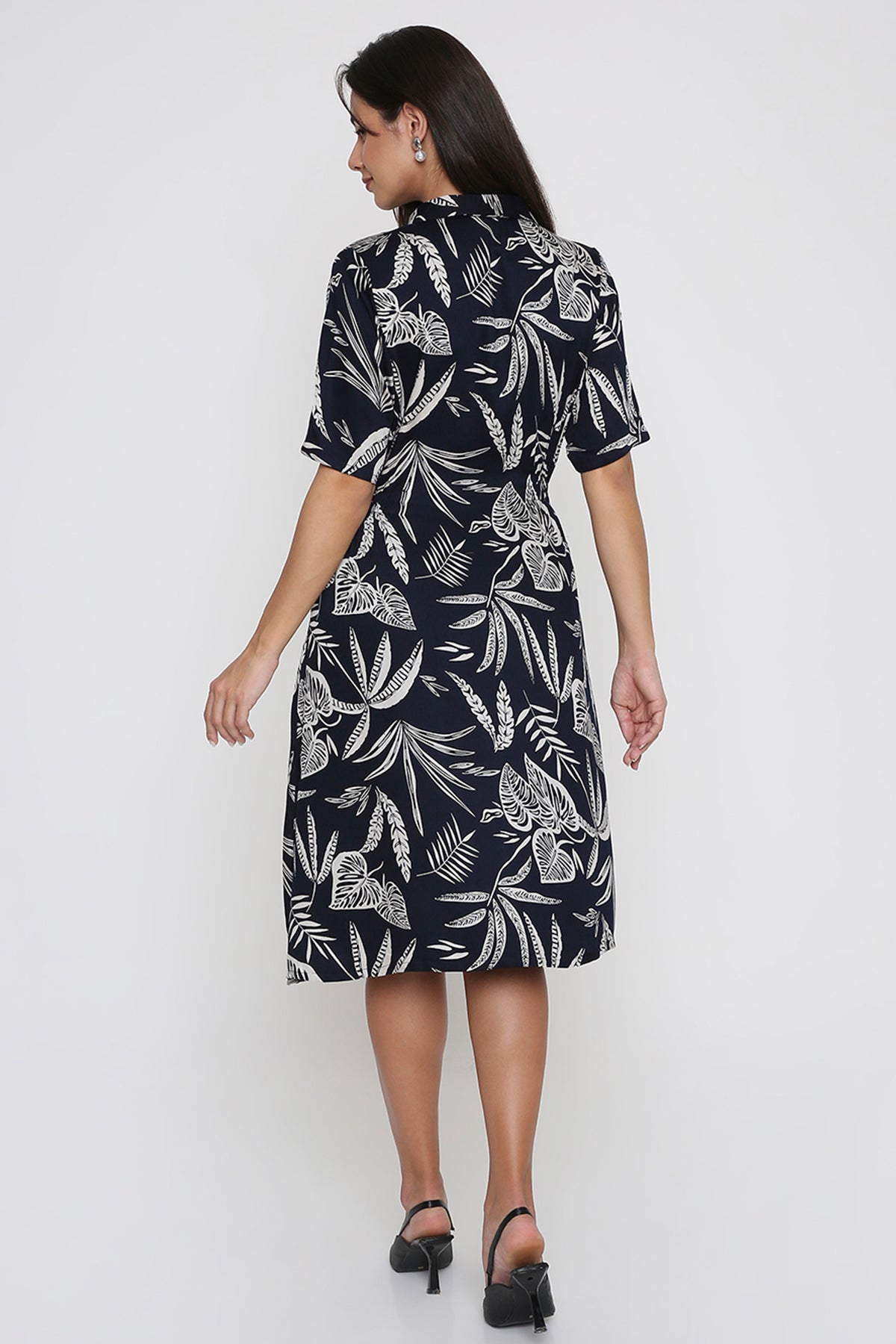 Deep Navy Leaf Print Shirt Dress