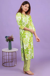 Floral Gren Viscose Silk Kurti with Pants, Set