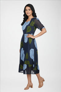 Floral Print Fit & Flare Midi Dress with V-Neck