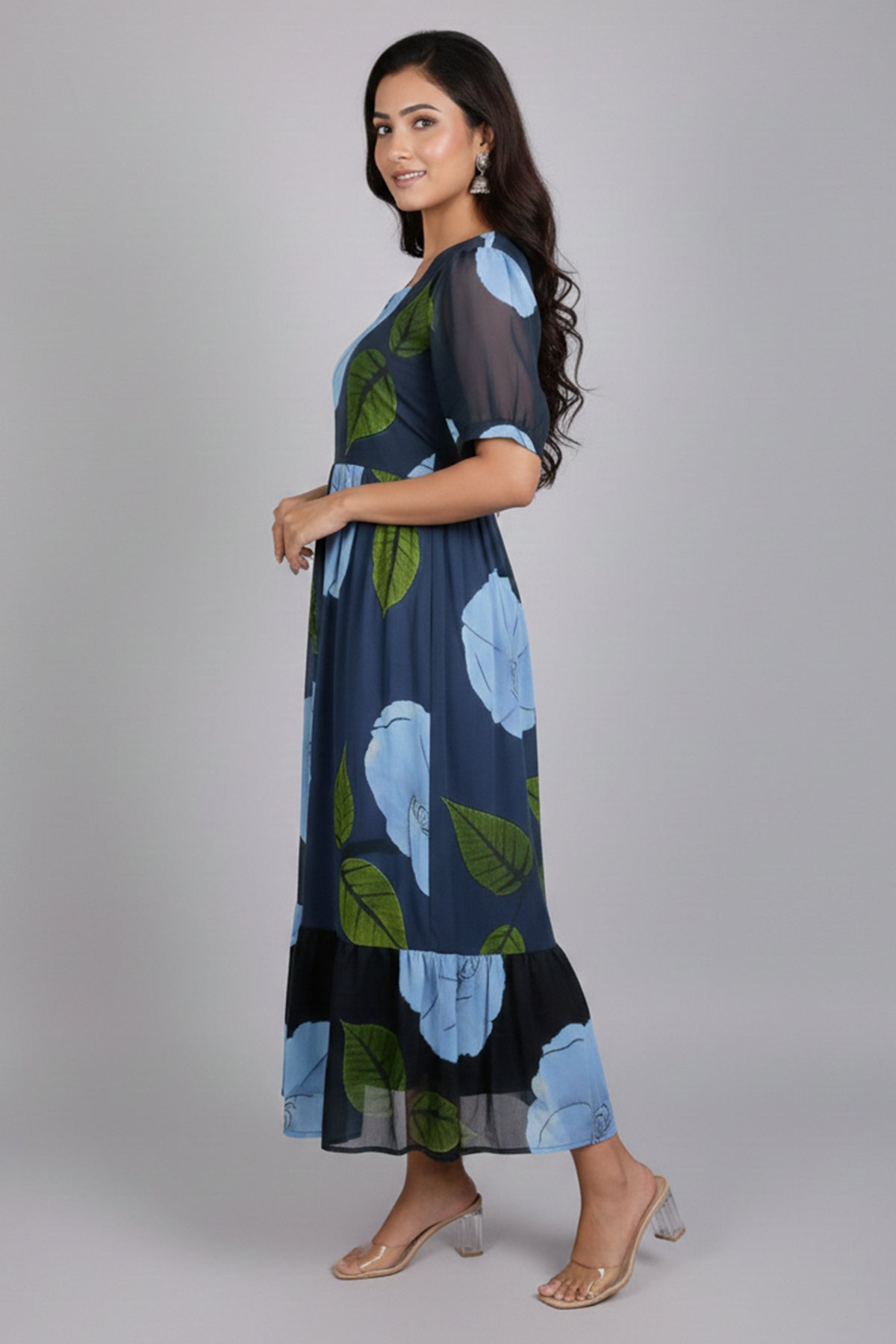 Floral Print Fit & Flare Midi Dress with V-Neck