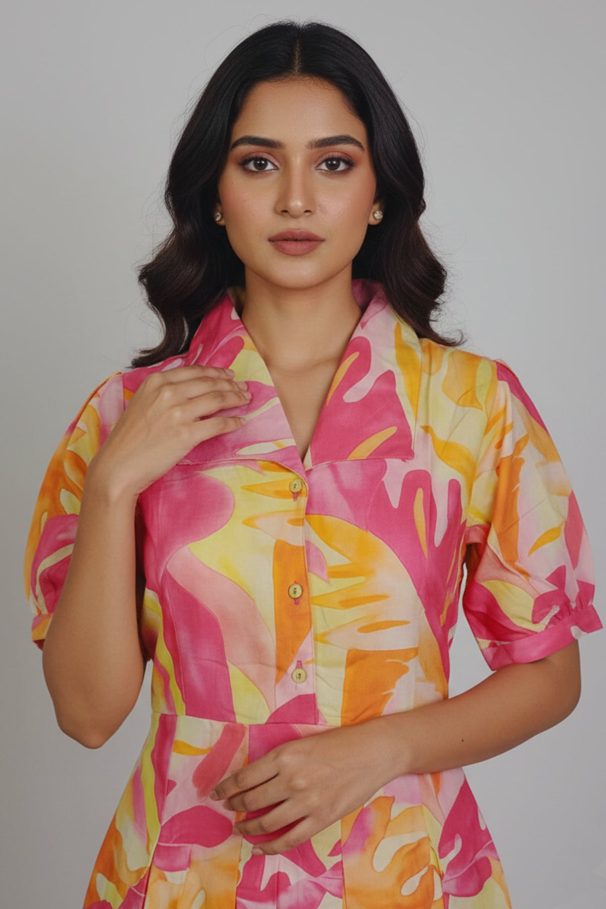 Pink & Yellow Tropical Print Cotton A-Line Midi Dress with Shirt Collar