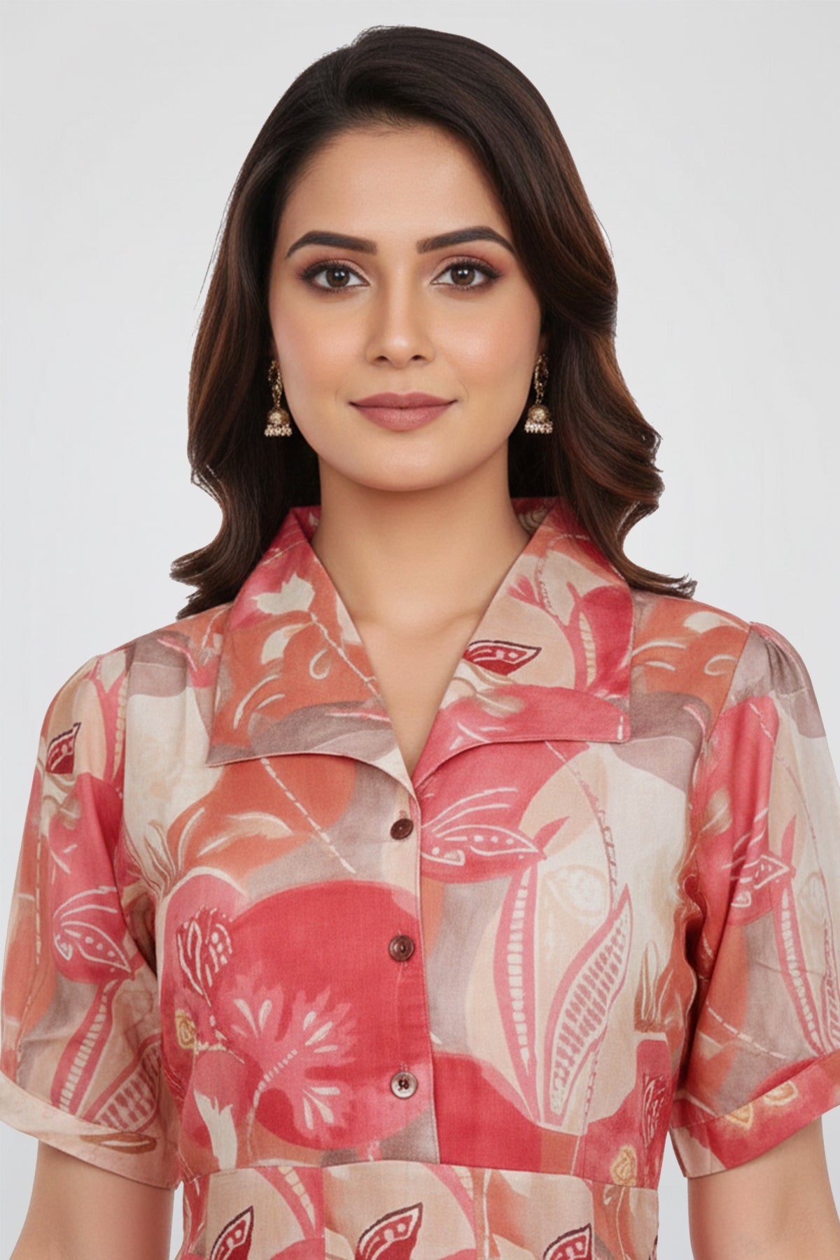 Floral Print Cotton A-Line Midi Dress Retro Collar with Button