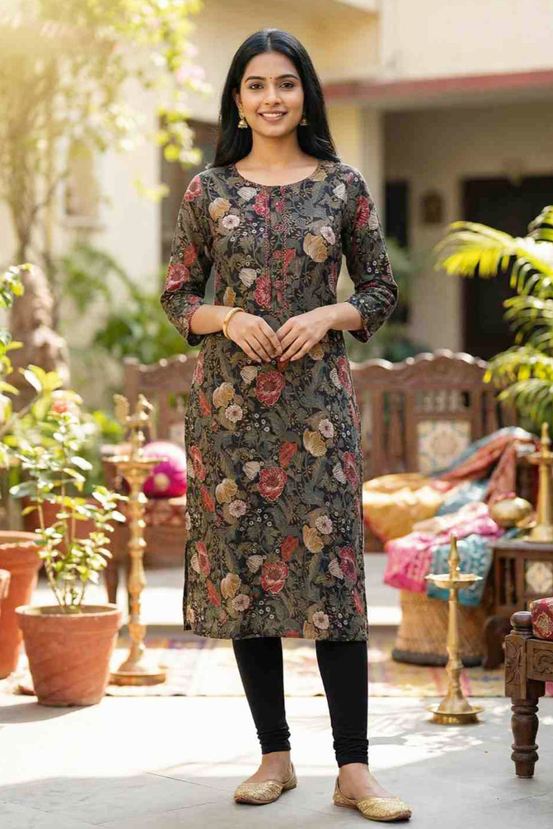 Floral Printed Thread Work Pure Cotton Kurti