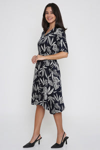 Deep Navy Leaf Print Shirt Dress