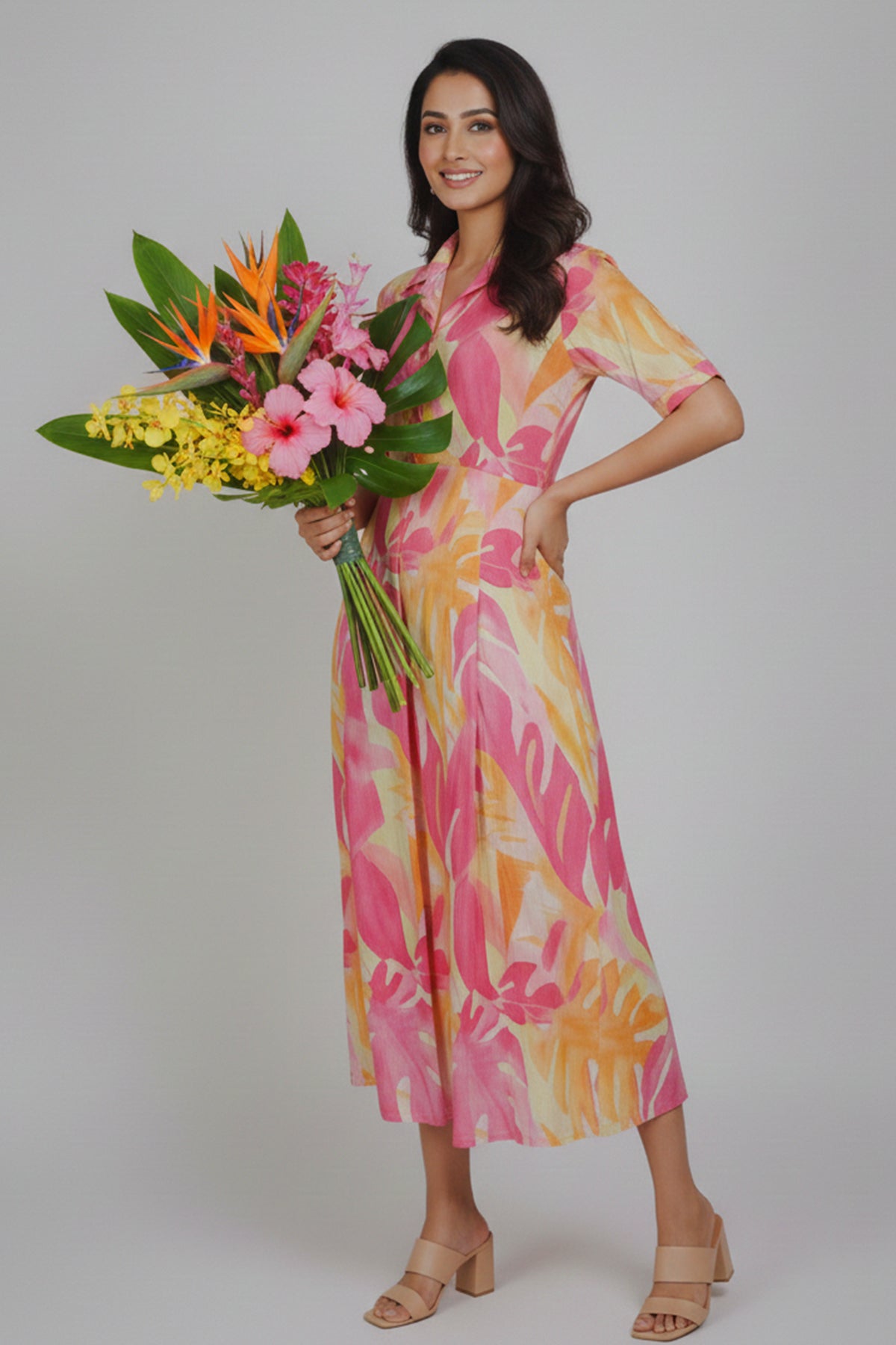 Pink & Yellow Tropical Print Cotton A-Line Midi Dress with Shirt Collar