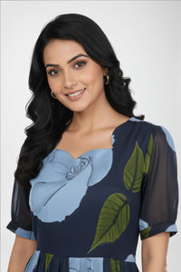 Floral Print Fit & Flare Midi Dress with V-Neck