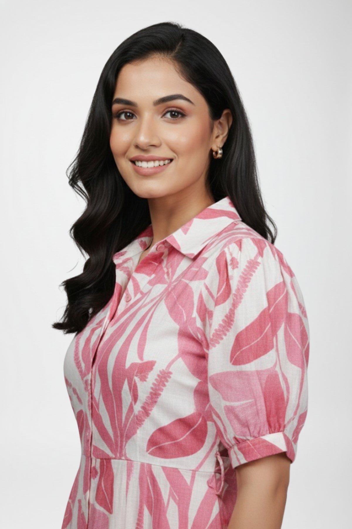 Pink Tropical Print Cotton A-Line Midi Dress with Shirt Collar & Puff Sleeves