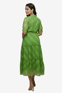 Green Printed Tiered Midi Dress with Puff Sleeves & Tie-Up Waist