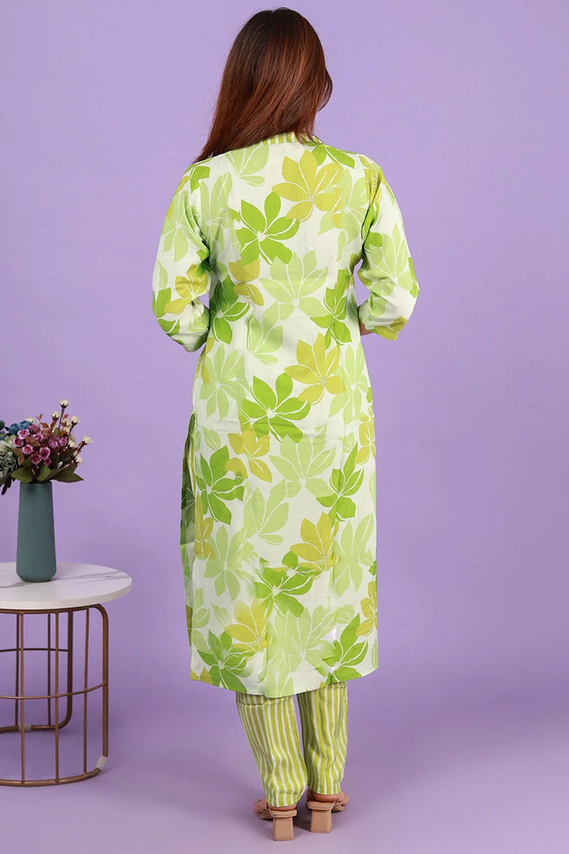 Floral Gren Viscose Silk Kurti with Pants, Set