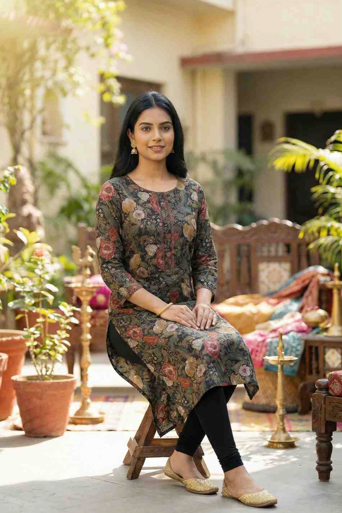 Floral Printed Thread Work Pure Cotton Kurti