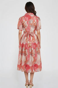 Floral Print Cotton A-Line Midi Dress Retro Collar with Button