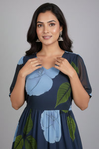 Floral Print Fit & Flare Midi Dress with V-Neck