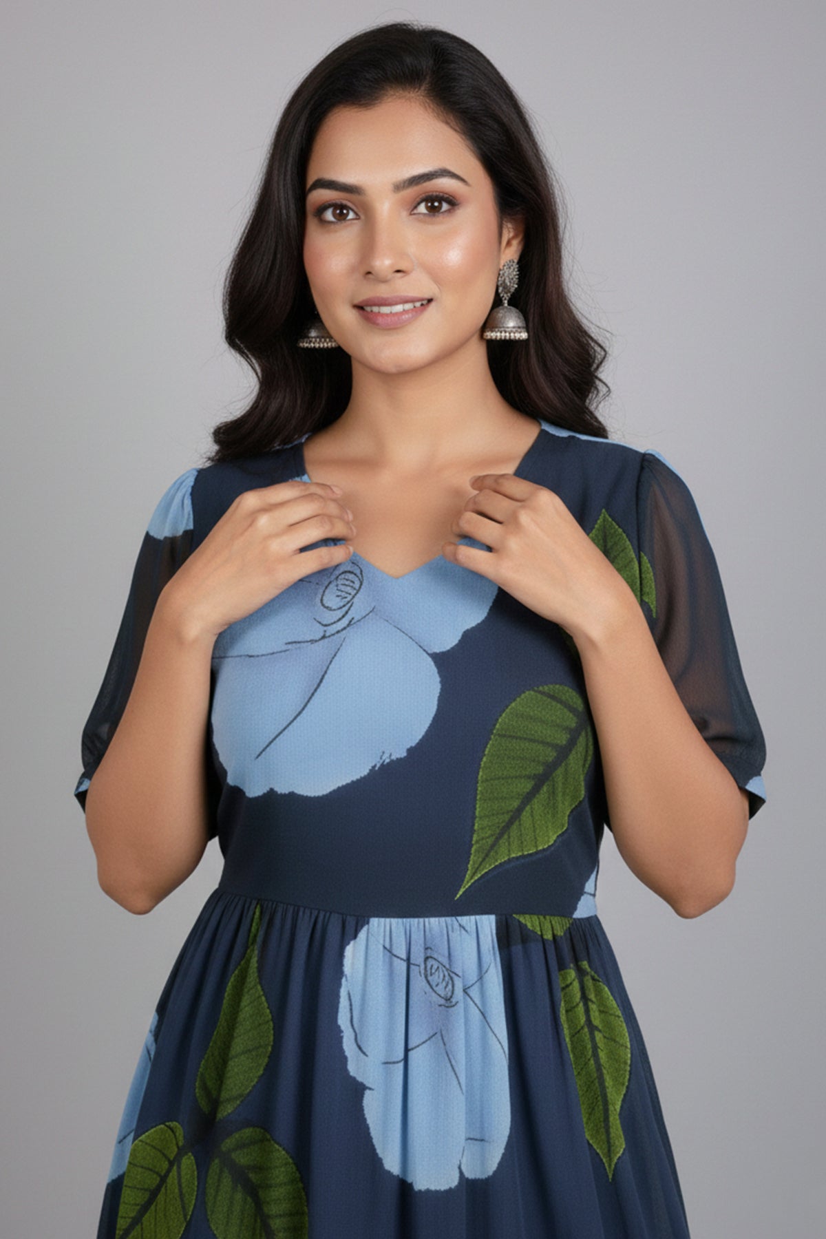 Floral Print Fit & Flare Midi Dress with V-Neck