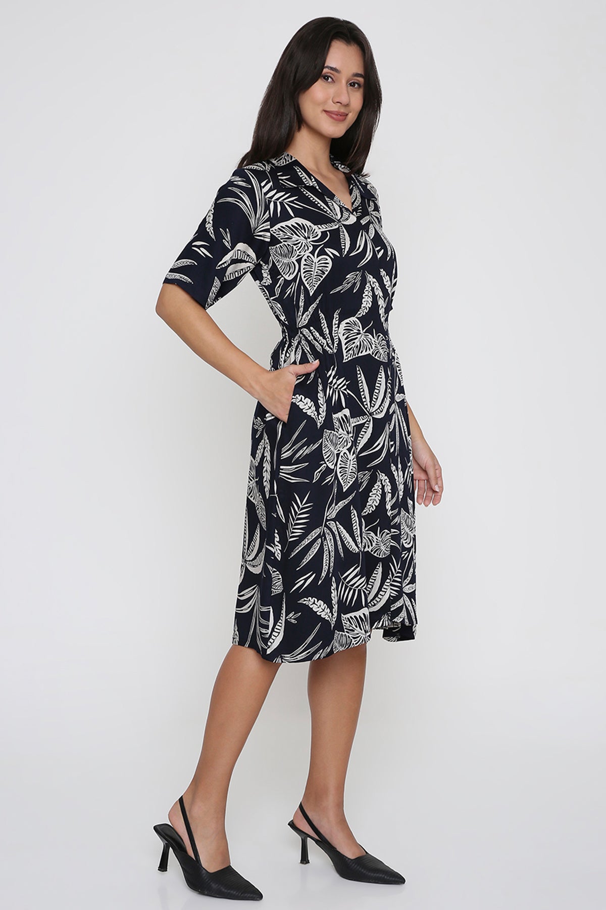 Deep Navy Leaf Print Shirt Dress