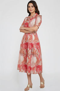 Floral Print Cotton A-Line Midi Dress Retro Collar with Button