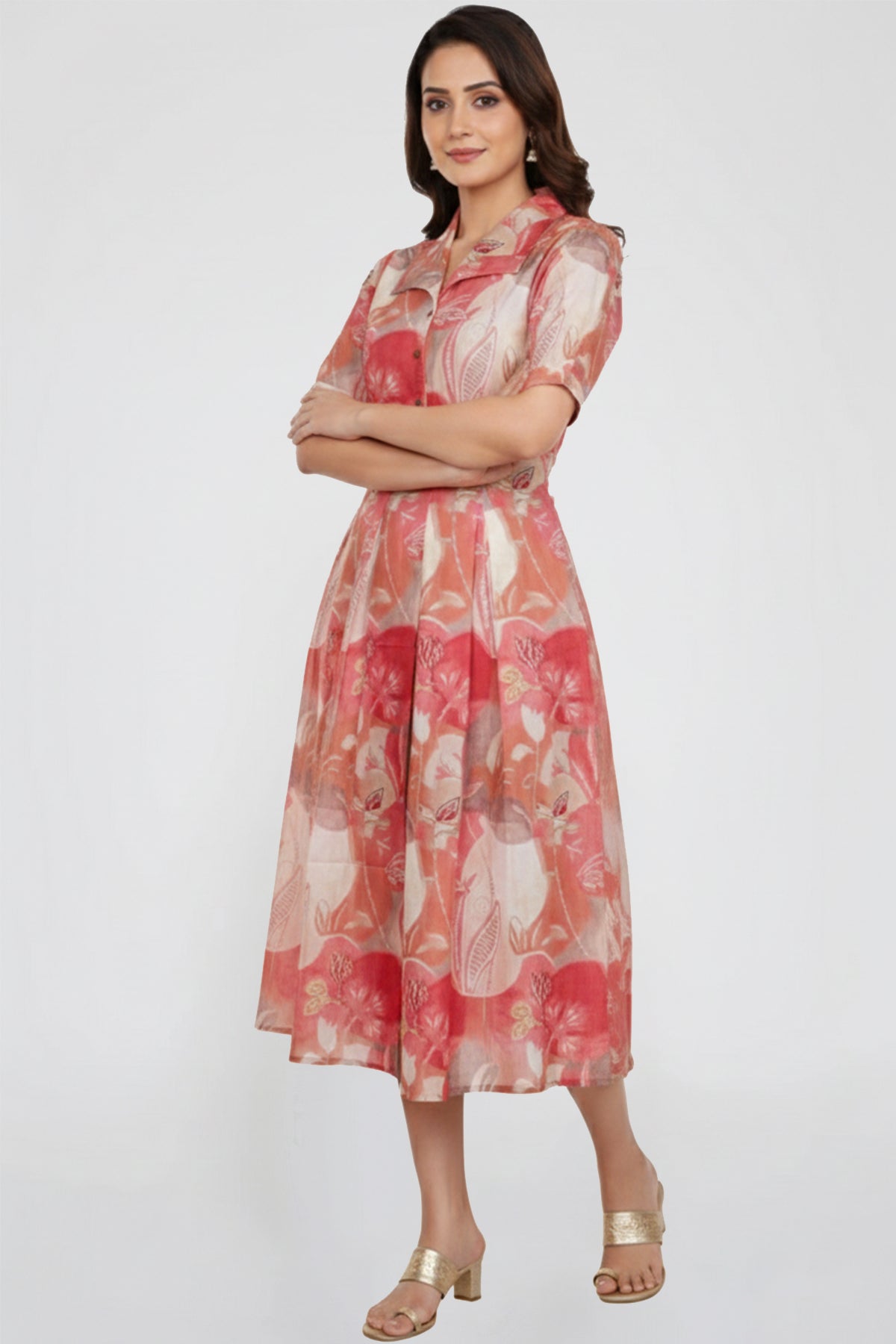 Floral Print Cotton A-Line Midi Dress Retro Collar with Button
