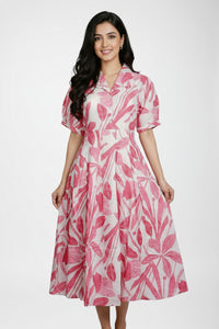 Pink Tropical Print Cotton A-Line Midi Dress with Shirt Collar & Puff Sleeves