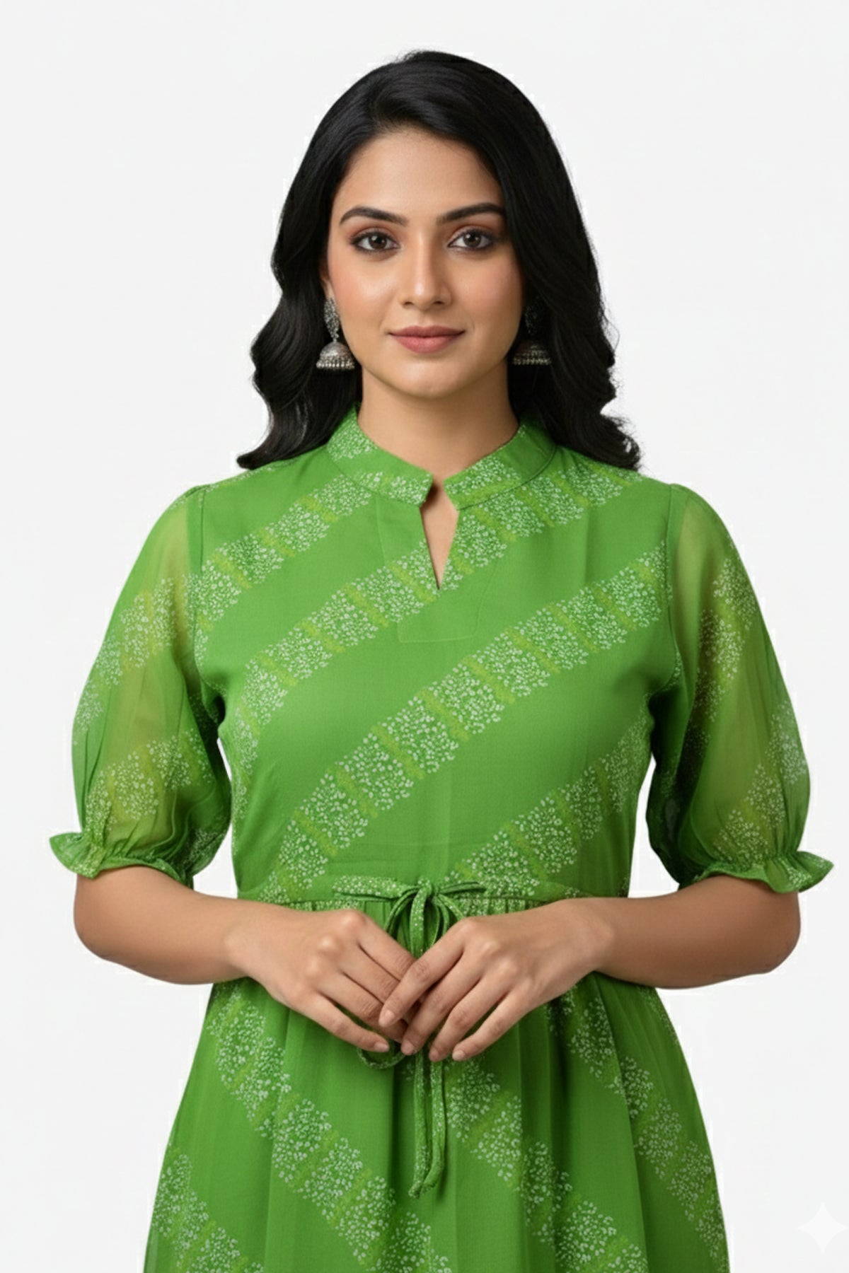 Green Printed Tiered Midi Dress with Puff Sleeves & Tie-Up Waist